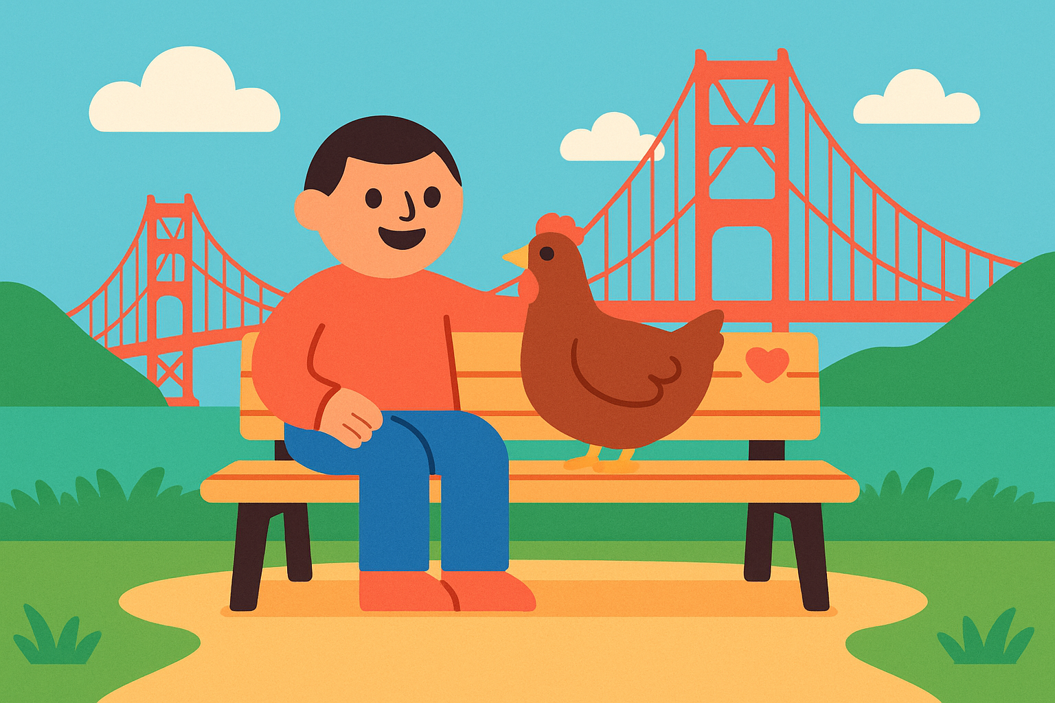 Illustration of a person and a hen sitting together on a park bench, Golden Gate Bridge in the background